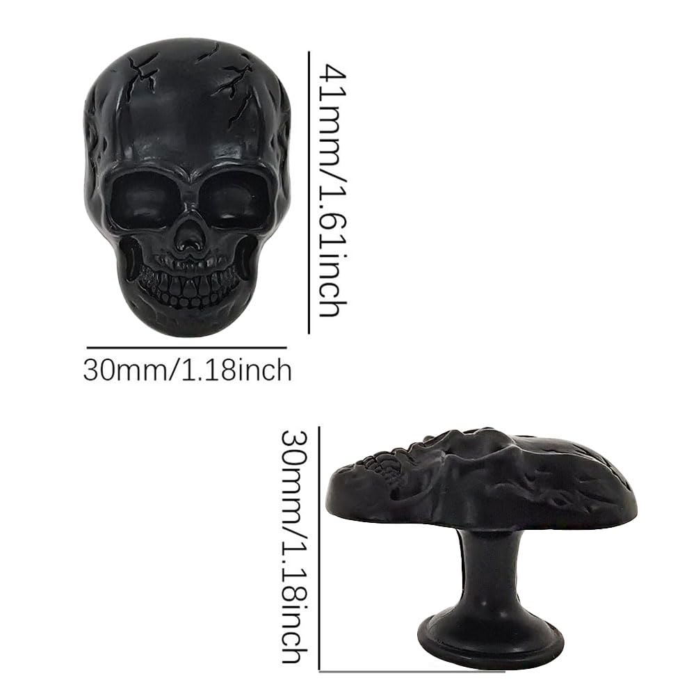 Sutfmwe Black Metal Skull Drawer Knobs Pulls, Unique Skull Cabinets Knob Covers Decorative,Single Hole Handle for Dresser Closets Hardware Furniture Halloween Skull Kitchen Accessories 4Pcs (Black)