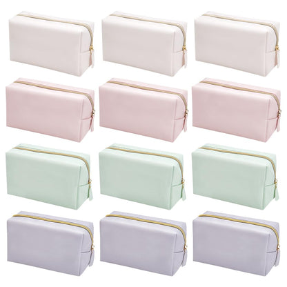 INTERWARM 12Pcs 4 Color Makeup Bag PU Leather Cosmetic Pouch, Bridesmaid Makeup Bags Bulk Zipper Cosmetic Pouch Waterproof Small Portable Toiletry Bag for Women Travel Wedding Party Favors