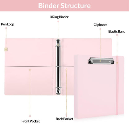 SKYDUE Small 3 Ring Binder with Clipboard, 8" × 10" PU Mini 1 Inch Binder with Notepad, 5 Dividers, and Labels, Clipboard Folder Great for School Office(Fit Half Letter Sized Paper)