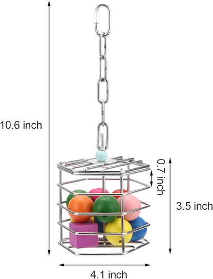 Bird Stainless Steel Foraging Feeder Parrot Hanging Feeding Box for Macaw African Grey Cockatoo Cockatiel Amazon Cage (Foraging Feeder with Blocks)