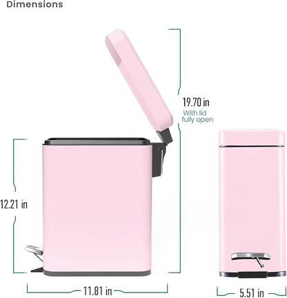 Home Zone Living 1.3 Gallon Small Bathroom Trash Can with Lid and Step Pedal, Stainless Steel Wastebasket with Slim Design for Home and Office, Matte Pink, 5 Liters