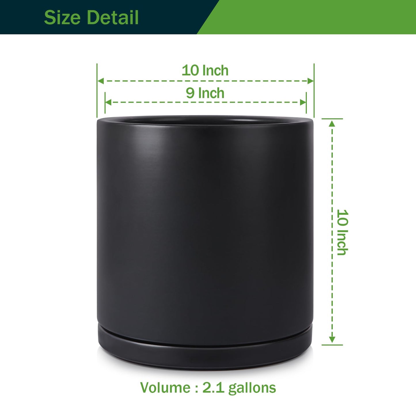 Kazeila Plant Pots Ceramic Planter for Indoor Outdoor Plants Flowers 10 Inch Matte Black Large Cylinder Flower Pot with Saucer and Drainage Hole,Glazed Finish Interior and Exterior