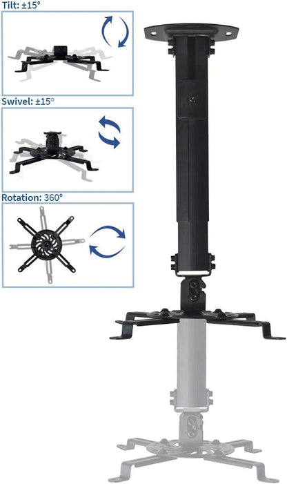 VIVO Extending Ceiling Projector Mount, Height Adjustable Projection, Up to 12.5 inch Mounting Range with 1.5 inch Mini Projector Range, Black, MOUNT-VP02B