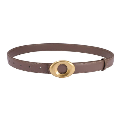 KONQUWA Women's Elegant Casual Genuine Leather Belt with Matte Oval Vintage Gold Buckle for Jeans Pants Dresses (Khaki/Vintage Gold Buckle,30″-39″)