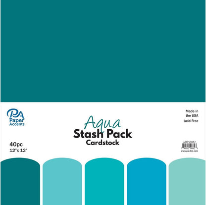 PA Paper Accents Stash Pack Cardstock Pack 12" x 12" Aqua colored cardstock paper for card making, scrapbooking, printing, quilling and crafts, 65lb., 40 pieces