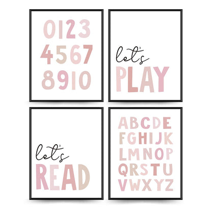 PLKMN Let's Play Read Wall Art Set of 4, Educational Posters, Montessori Classroom Decor, Neutral Kids Decor,Alphabets Number Prints for Nursery Classroom,8x10 Unframed - Pink