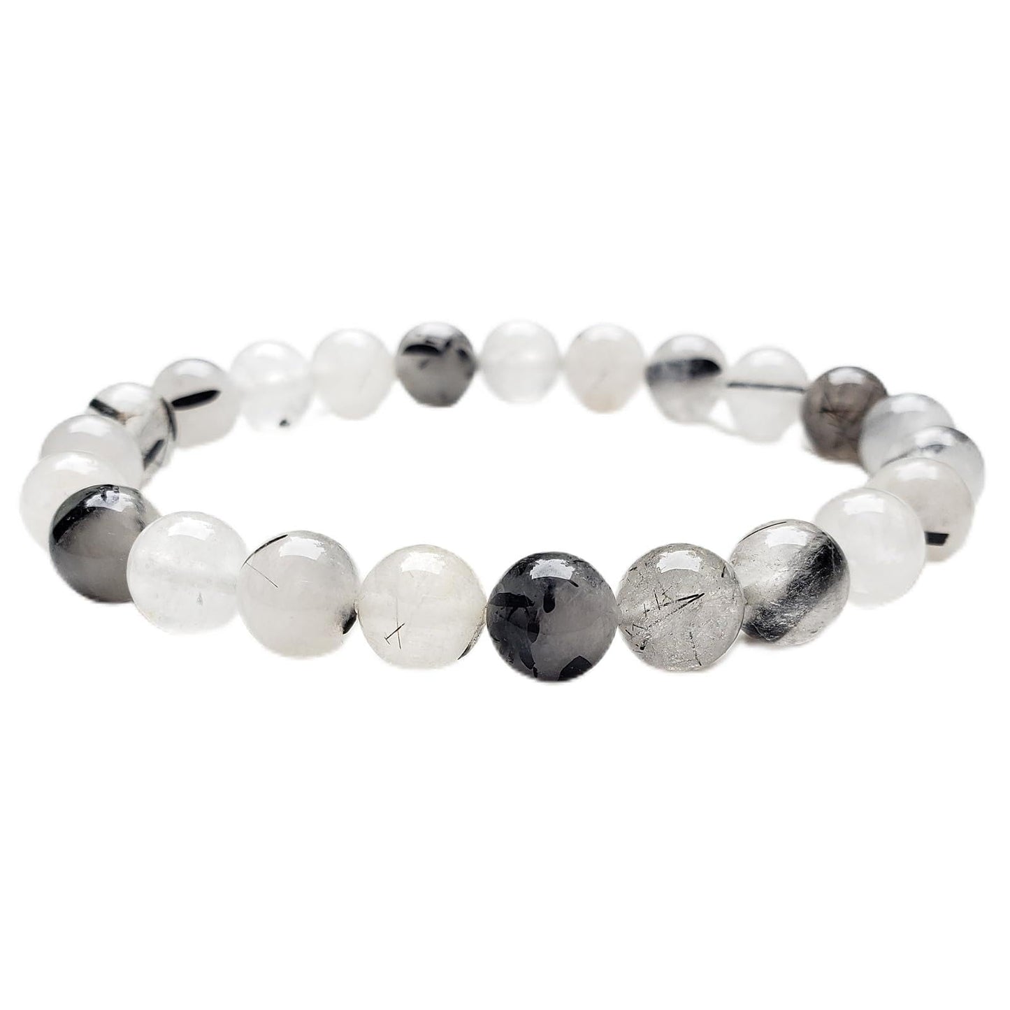 chengmu 8mm Black Rutilated Quartz Stretch Bracelet, Natural Gemstone Round Stone Crystal Beads for Beaded Elastic Bracelet 7.5"