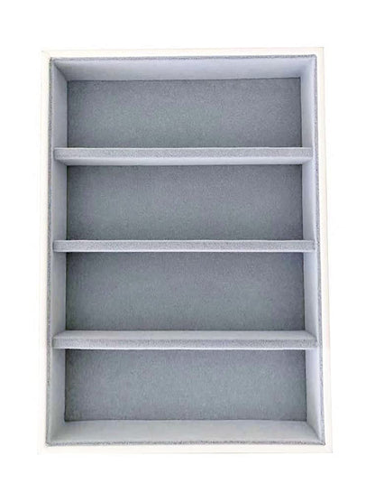 Premium Quality Sunglasses Eyewear 4 Slot Tray Organizer Display Navy Blue PU Leather Exterior Soft Velvet Liner Grey