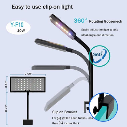 Mini Clip-On Aquarium Light 10W Full Spectrum LED for Nano & Betta Fish Tanks, Timer & 10-Level Dimmer, Freshwater Planted Desk Aquariums 3–8 Gallons