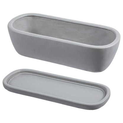 MyGift 14 Inch Oval Modern Gray Concrete Succulent Planter Pot with Drainage Hole and Removable Saucer, Decorative Cement Indoor House Plant Container for Flowers, Cactus, Herbs