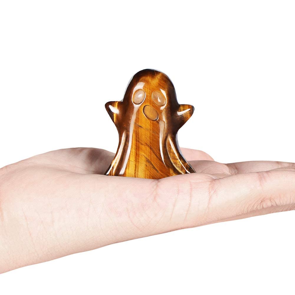 Artistone Tigers Eye Crystal Ghost Statue 2 inch Ghost Figurine Natural Gemstone Hand Carved Statue for Halloween Carnival Home Decor Desk Decoration