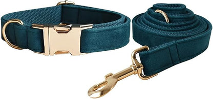 Love Dream Velvet Dog Collar and Leash Set, Soft & Comfy Adjustable Dog Leash and Collar with Heavy Duty Metal Buckle for Small Medium Large Dogs Training & Walking (Medium, Peacock Green)