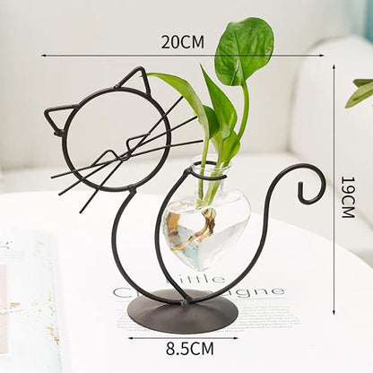 Lifeuping 2PCS Desktop Heart Glass Planter Vase Holder, Cat Plant Metal Stand Cat Gifts for Hydroponics Plants Terrarium Home Garden Decor Outdoor Planter Ideas Cat Lovers