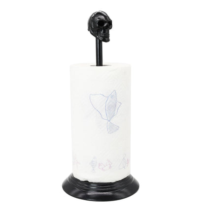Owlgift Black Skull Paper Towel Holder – Gothic Cast Iron Head, Matte Iron Base, Dark Home & Halloween Kitchen Decor, 14.6” Tall