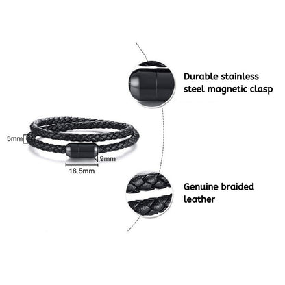 Globi Leather Bracelet For Men | Genuine Wrap Braided Leather Cuff Bangle Bracelet with Magnetic Stainless Steel Clasp For Men/Women (Black 7”)
