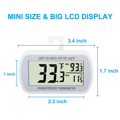 Waterproof Refrigerator Fridge Thermometer, Digital Freezer Room Thermometer, Max/Min Record Function Large LCD Screen and Magnetic Back for Kitchen, Home, Restaurants (2 Pack)