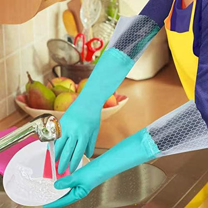 Elgood Reusable Long Dishwashing Cleaning Gloves with Latex Free, Long Cuff,Cotton Lining,Kitchen Gloves 2 Pairs,Purple+Blue Large