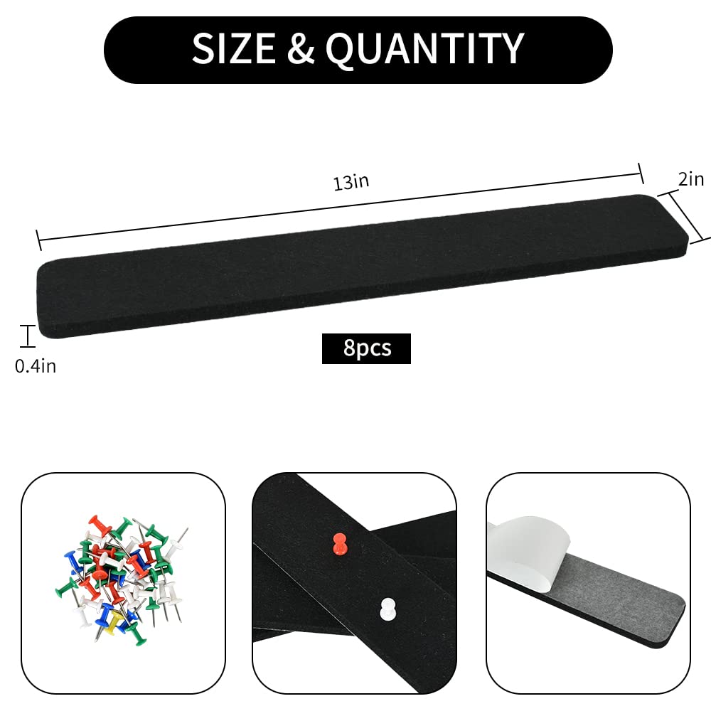 Vuzvuv 8 pcs Bulletin Board Bar Strips with 50 Pushpins & 10 Wooden Clip pins，Self Adhesive Cork Board for Wall，Felt Pin Board for School，Office Decor(Black)