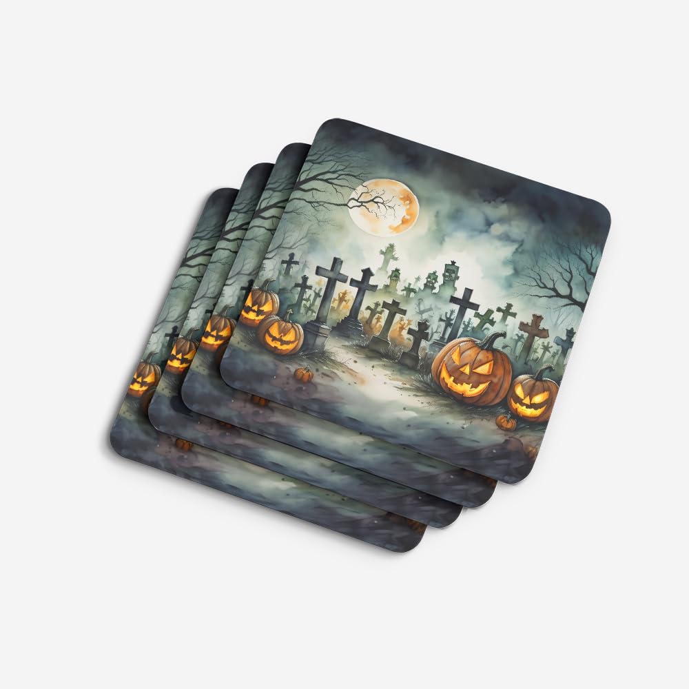 Caroline's Treasures Graveyard Spooky Halloween Foam Coaster Set of 4 Cup Coasters for Indoor and Outdoor, Coaster for Tabletop Protection, Anti Slip, Mouse pad Material