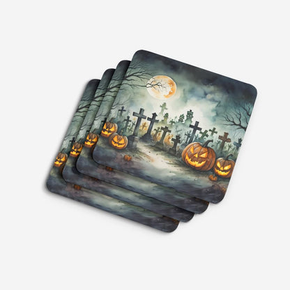 Caroline's Treasures Graveyard Spooky Halloween Foam Coaster Set of 4 Cup Coasters for Indoor and Outdoor, Coaster for Tabletop Protection, Anti Slip, Mouse pad Material