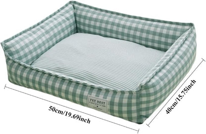 Orthopedic Rectangle Dog Bed for Medium Small Dogs, Plaid Plush Modern Puppy Sofa Bed with Anti-Slip Bottom, Cute Calming Pet Bed(Green,Medium)