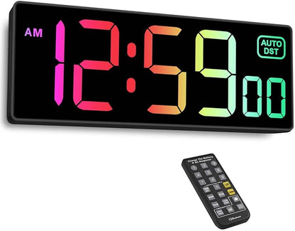 Soobest Digital Wall Clock with Remote Countdown Electrical Timer Seconds for Gym Living Room Office Classroom, 8 RGB Colors, Auto DST, Corded Plug in Large Display 5 Dimmer (10.2" Multicolor)