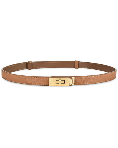 ANHAISHUILV Women's Skinny Leather Belt with Adjustable Golden Turn-Lock Buckle - Ideal for Dresses, Jeans, and Coats, Caramel Black