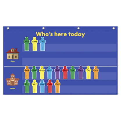 AUVCAS Classroom Attendance Pocket Chart with Helping Hands & 36 Reusable Dry-Erase Student Cards for Visual Tracking, Preschool Kindergarten Daycare, 32.2" x 19"