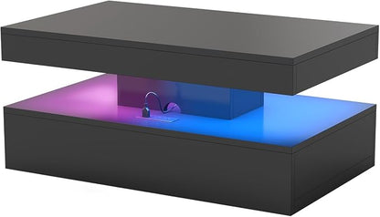 39" High-Glossy LED Coffee Table with 2 Sliding Drawers,Living Room Storage Coffe Tables,Modern Stylish Double-Layer Center Tables with LED Lights,Black