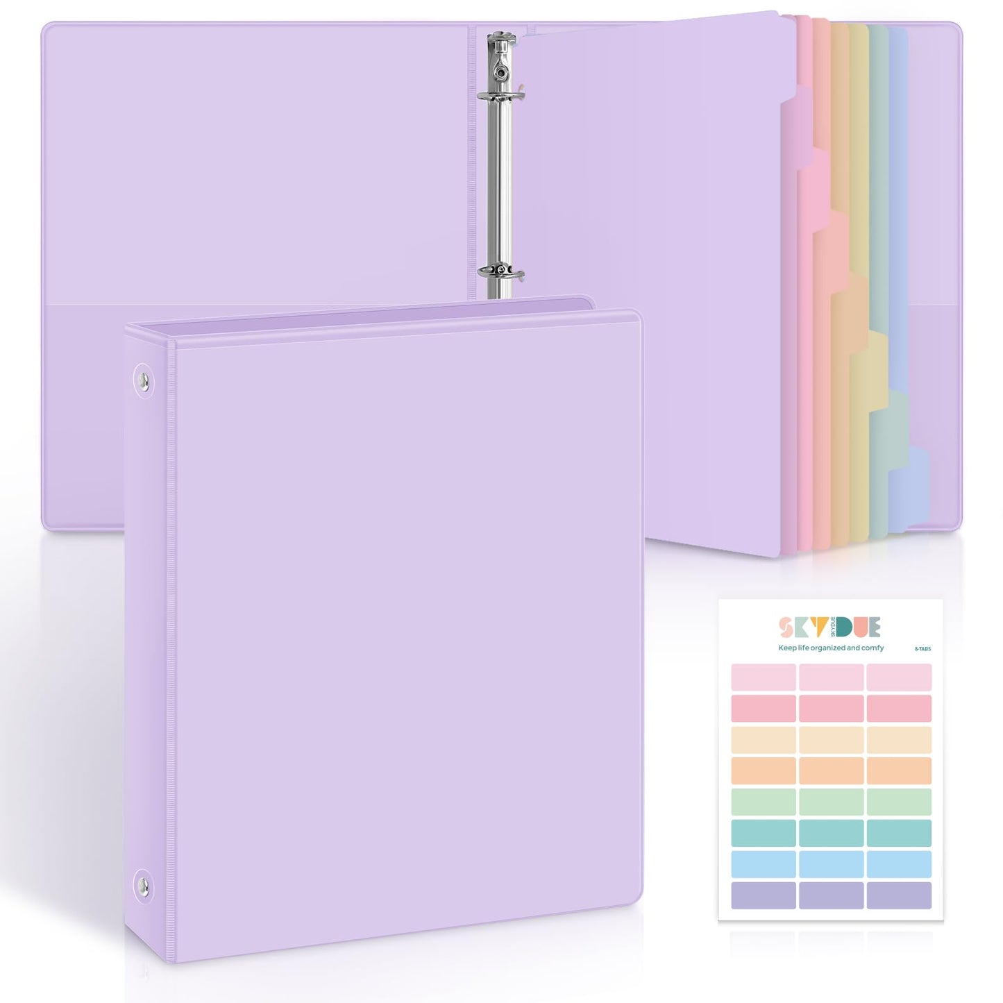 SKYDUE 1 Inch 3 Ring Binder with 8 Tab Dividers & 24 Labels, Pastel Binder Organizer for Letter Size Paper, Aesthetic School Binder for Notes, Documents, Office & Home Organization, Purple