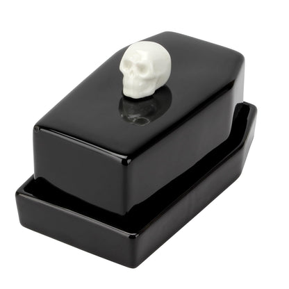 Kcgani 1 Pcs Ceramic Butter Dish with Lid Set, Black Gothic Skull Shape Butter Container Holds for Countertop, Ceramic Gothic Kitchen Utensils Butter Keeper for Table Decor Festivities Party Supplies