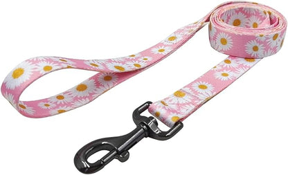 Dog Collar Leash Set, Floral Pattern, Polyester Material, Adjustable Collar and 5ft Matchcing Leash, for Large Dogs.(L, Light Pink Daisy)