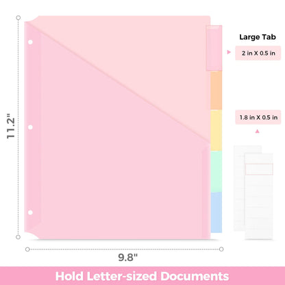 SKYDUE Binder Dividers with Two Pockets, 3Sets, 5 Tabs Dividers for 3 Ring Binder, Plastic Binder Dividers with Tabs for School, Office, and Home Organization,Pink