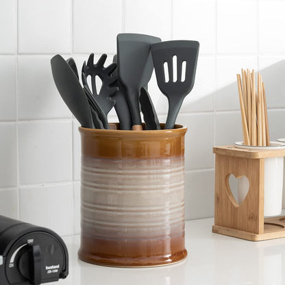 Nihow Ceramic Utensil Holder for Kitchen Counter, 7.2", Brown