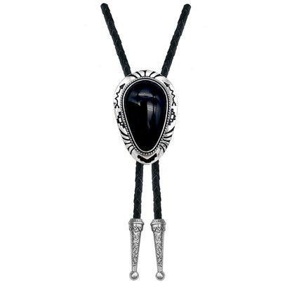 QUKE Black Stone Bolo Tie Native Western Cowboy Hand-woven Leather Bola Tie Necktie for Men Women
