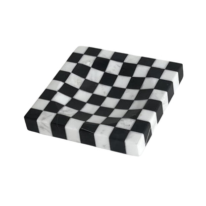 StonePlus Marble Stone Black and White Checkerboard Square Small Splicing Mosaic Tray Jewelry Dish (Black and White)