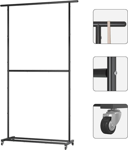 Sywhitta Double Rod Clothing Garment Rack, Rolling Clothes Organizer on Wheels for Hanging Clothes, Easy to Assemble, Adjustable, Black
