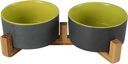 Ceramic Dog and Cat Bowl Set with Wooden Stand Matte Glaze Elevated Food Water Set Anti-Tip Non-Slip Weighted for Cats Small Breed Dogs-Green-13.3OZ