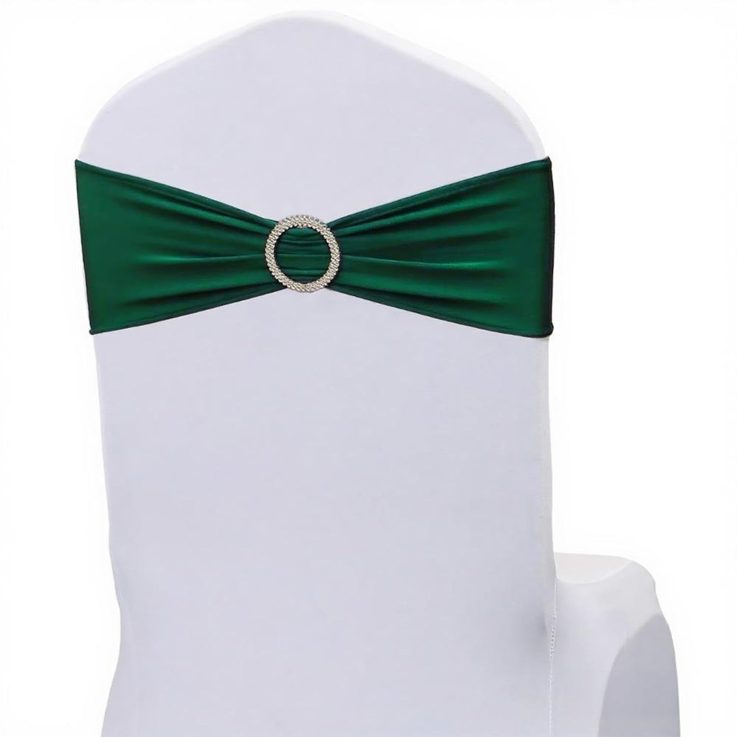 JKDMJF Stretch Spandex Hunter Green Chair Sashes Bows 50 Pack - Universal Chair Bands with Silver Buckle for Wedding Party Engagement Banquets Bridal Shower Events Decorations