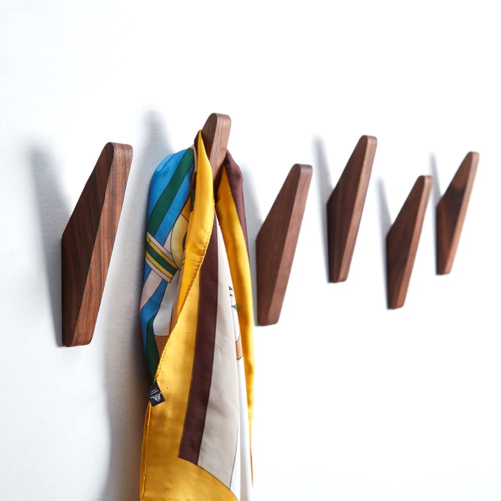 LONANGG Pack 6 Wood Wall Hooks, Black Walnut Coat Minimalist Design Heavy Duty Robe Hook Wall Mounted Rustic Wooden Hooks Clothes Hanger Hat Rack for Hanging Bathroom Towels.