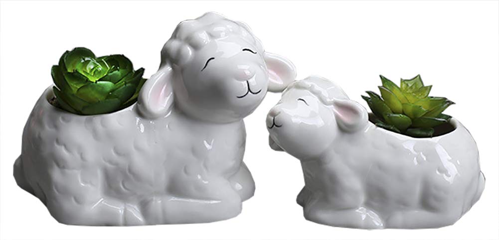 Funnuf Cute Animal White Ceramic Succulent Cactus Flower Planter for Home Garden Office Desktop, 2pcs, Small & Large White Sheep