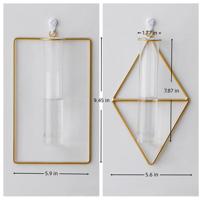 yaocoral 2 Pack Nordic Wall Vase Hanging Geometric Gold Flower Vase Wall Mount Metal Frame Vases Hydroponic Glass Bud Vase Decor for Home Wedding Farmhouse