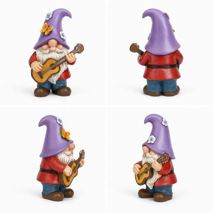 GoGnome Musical Gnome Figurine with Guitar – Handcrafted Resin Garden or Shelf Decoration, 6.2" Tall Whimsical Gnome Statue with Purple Hat, Flowers & Butterfly, Gift for Music Lovers (Purple)