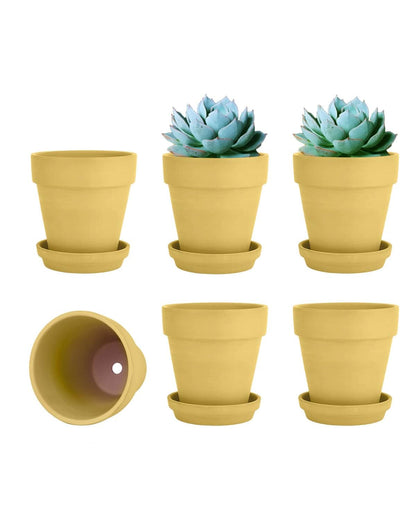 vensovo 4 Inch Small Yellow Terracotta Plant Pots with Saucer - 6 Pack Clay Flowerpots with Drainage, Great for Indoor Outdoor Plants, Crafts, Wedding Favor