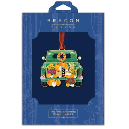 Beacon Design Truck with Pumpkins Hanging Ornaments - Autumn Tree Ornament, 100% Brass Pumpkin Keepsake Gift, Green and Orange Fall Decor, Shatterproof Christmas or Home Decorations, Made in USA