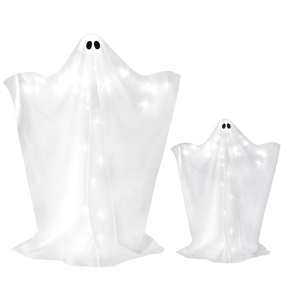 2 Pack Halloween Ghosts Outdoor Large 60'' & 36'' White Outdoor Ghost Decorations with String Lights Scary Ghosts Halloween Decorations Light Up Ghost Kit for Garden Porch Yard Party (White)