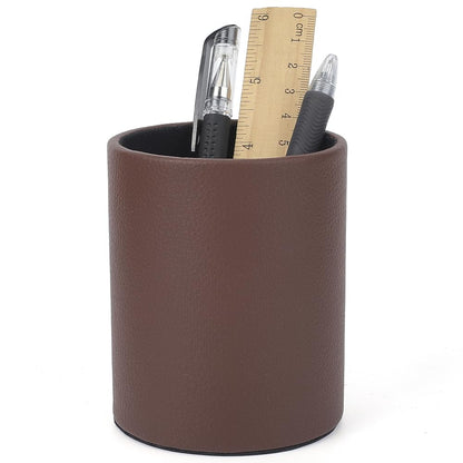 CALFOVERA PU Leather Round Pencil Cup Holder for Desk Multifunctional Stationery Container Luxury Brown Leather Pens Glitter Bling Makeup Brush Stroage Box Case Desktop Organizer for Office