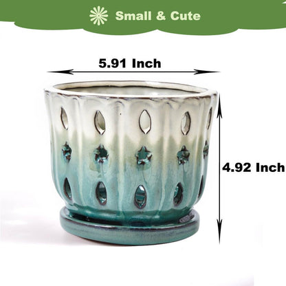 NiSevenLiving Orchid Pots with Holes Attached Saucers 6 Inches - 1 Pcs Small Ceramic Pots for Repotting, Decorative Ceramic Orchid Planter with Hole for Healthy Root Growth White Over Green