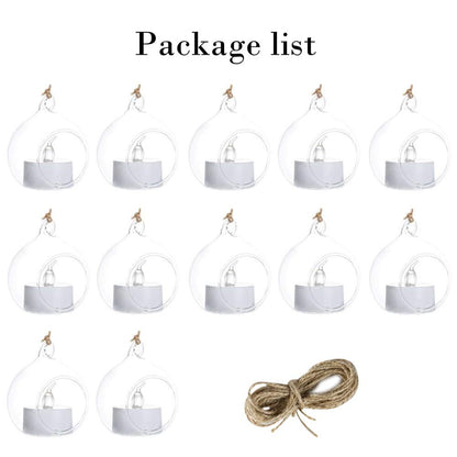 Sziqiqi Hanging Glass Globes Orbs Tea Light Candle Holders with Flameless LED Tealight for Wedding Ornaments, Wedding Birthday Christmas Party Centerpiece Accessory 2.36inch 10pcs +2 Extra
