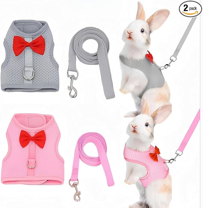 2 Pack Adjustable Bunny Rabbit Harness and Leash Set Breathable Mesh Vest Harness for Rabbits Kitten Ferret Puppy Small Pets Walking Supplies-Grey&Pink,S